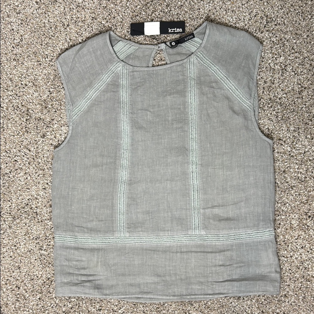 Krisa Gray 100% Linen Sleeveless Top With Crochet Detail